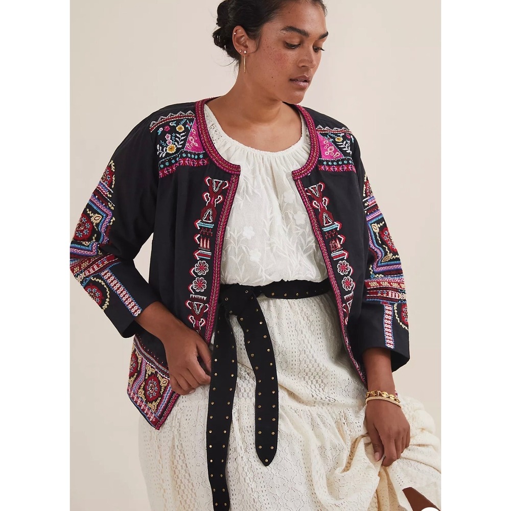 Anthropologie Embroidered Boho Open Front Jacket Black 2X